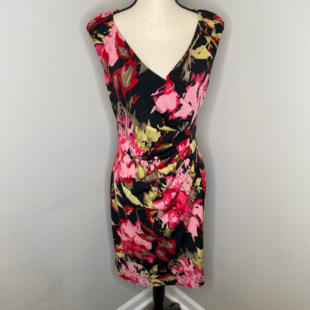 Adrianna Papell black & pink shirring dress